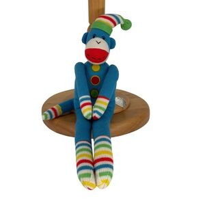 SCM Designs Knit Sock Monkey Plush Blue Rainbow Striped‎ Hat Pom-Pom 20 inch